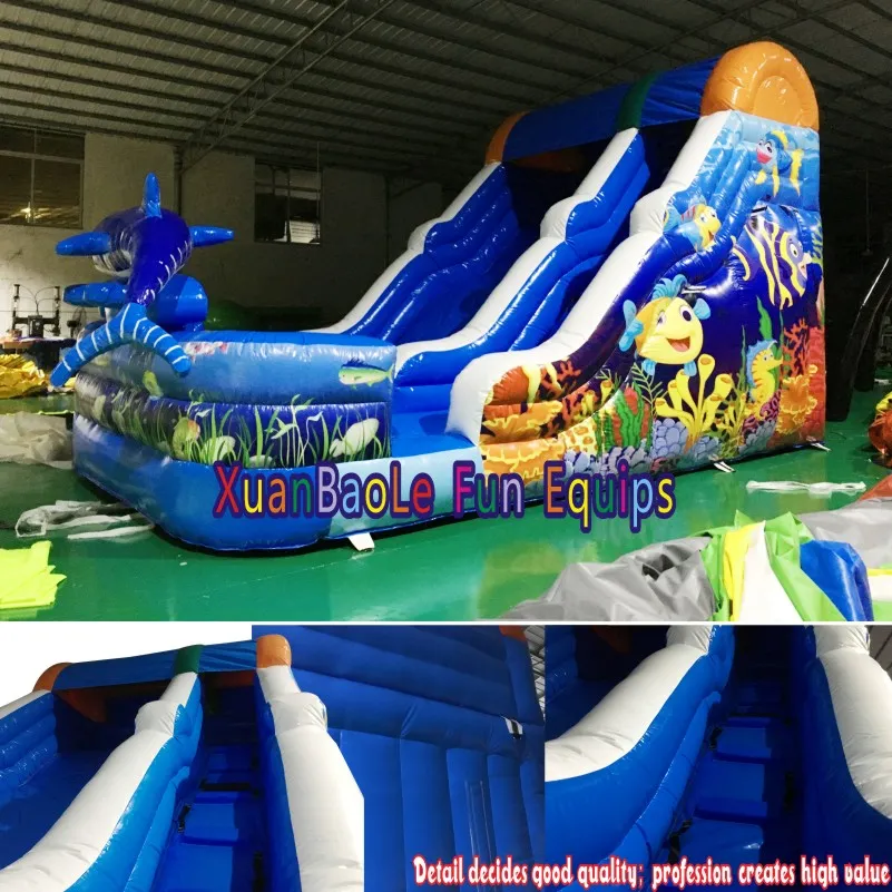 Single Lane PVC Water & Dry Slides with Blower Motor, Sea World Inflatable Shark Slide